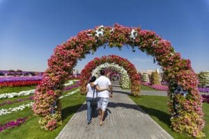 Lohnt sich Dubai? Warum Dubai? Couple walking in the Miracle Garden in Dubai, UAE